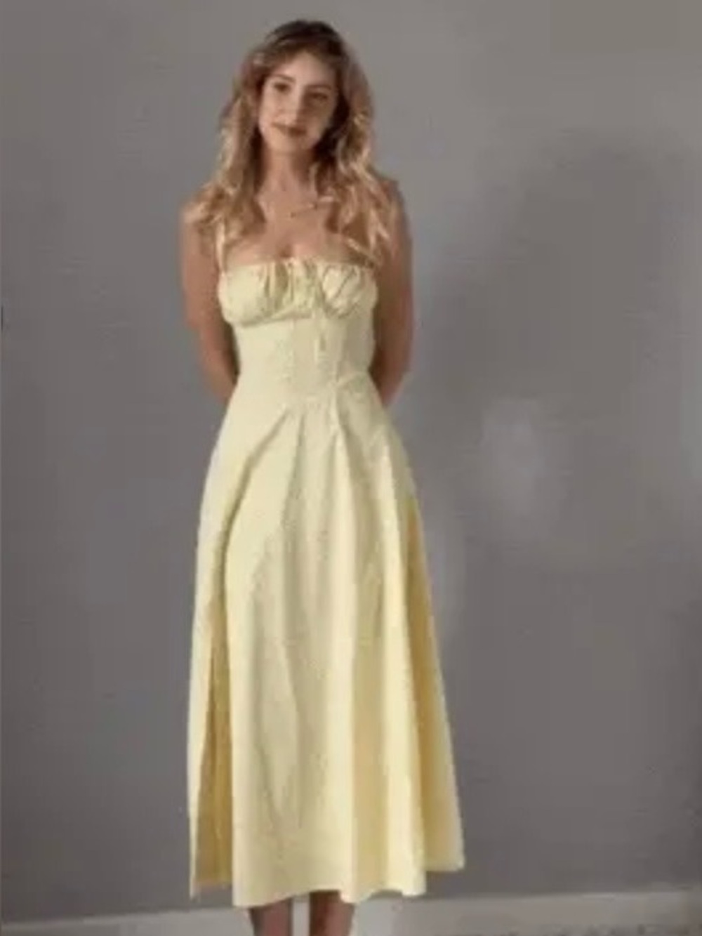Commense Ruched Cup Detail Long Strapless Light Yellow Sun Dress XL